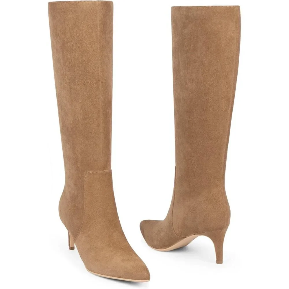 Women's Tan Suede Tall Boots Pointed Toe Kitten Heel Side Zipper Knee High Boots